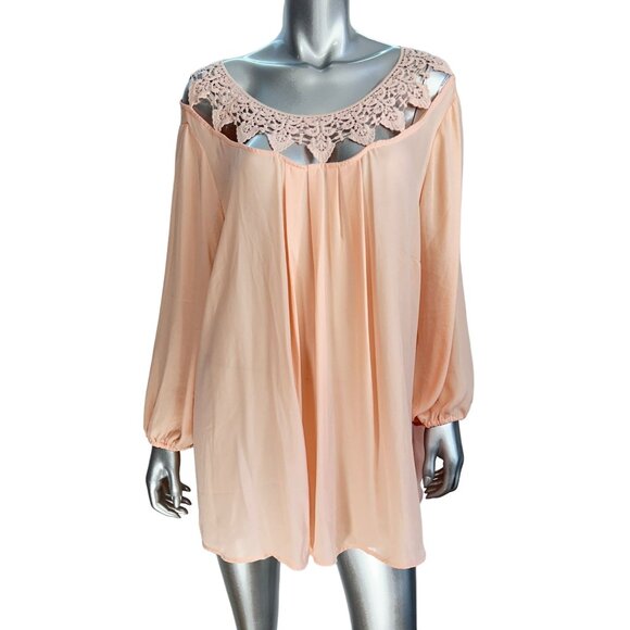 Bellatrix Peach Chiffon Blouse With Lace Crochet Neckline Long Sleeves 1X - Picture 1 of 7